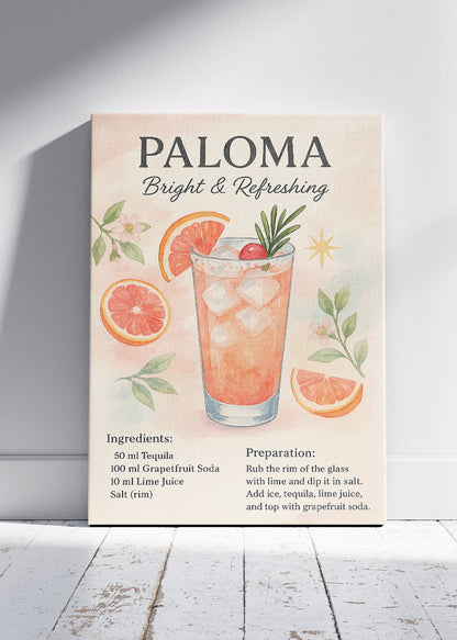Paloma Cocktail Poster & Canvas Print | Watercolor Grapefruit Tequila Wall Art