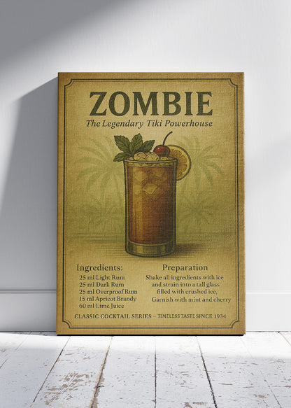 Zombie Vintage Tiki Cocktail Poster & Canvas Print | Classic Recipe Bar Wall Art