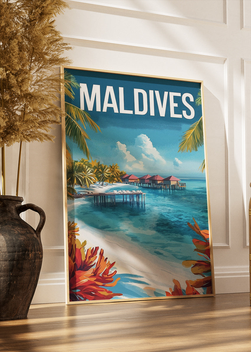 Maldives Poster & Canvas Print – Illustrated Overwater Villa Beach Art