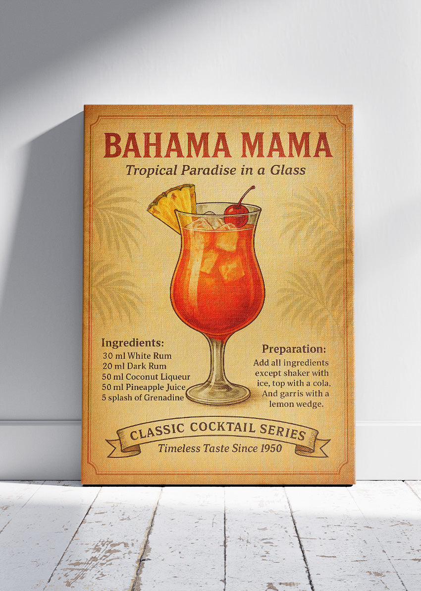 Bahama Mama Vintage Cocktail Poster & Canvas Print | Classic Tropical Bar Wall Art