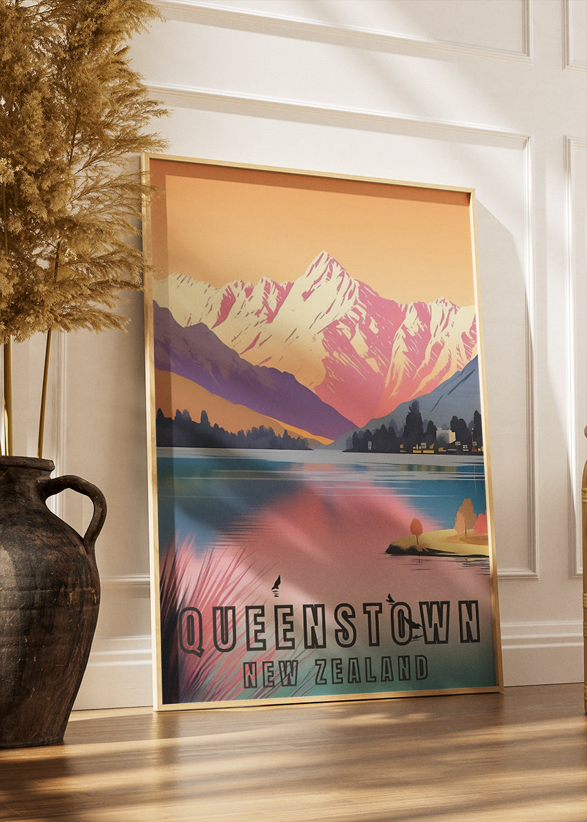 Queenstown New Zealand Poster & Canvas Print – Modern Illustrated Sunset Mountain Art