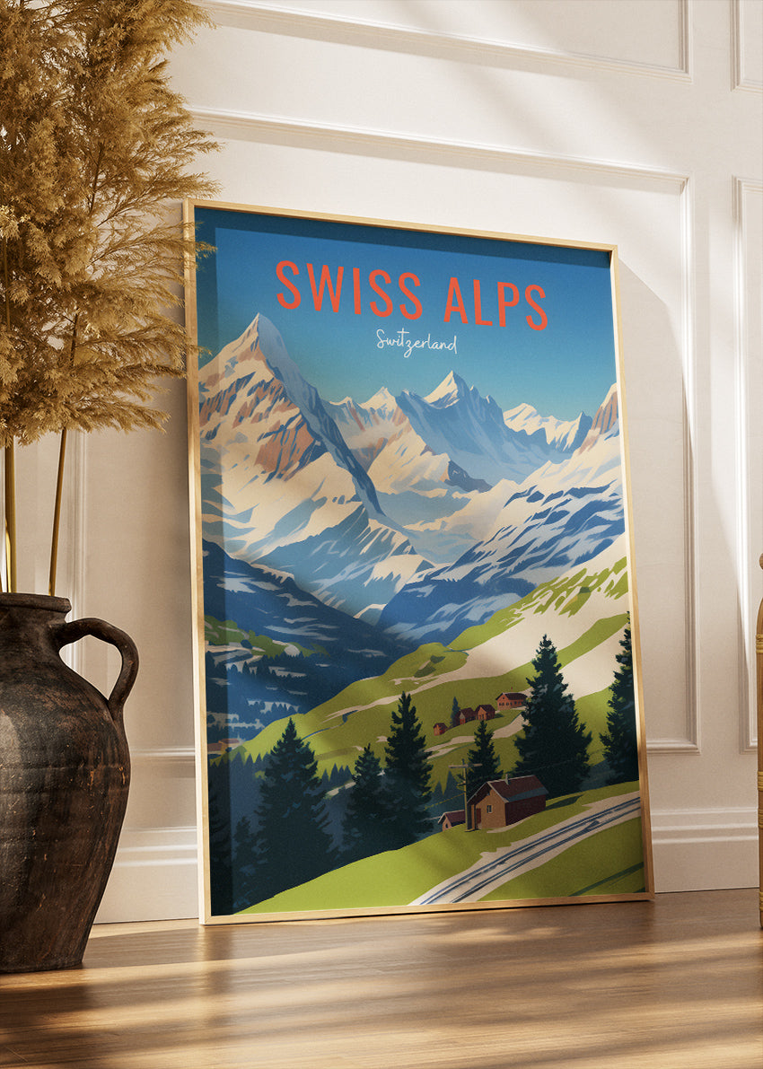 Swiss Alps Switzerland Poster & Canvas Print – Illustrated Mountain Landscape Travel Art
