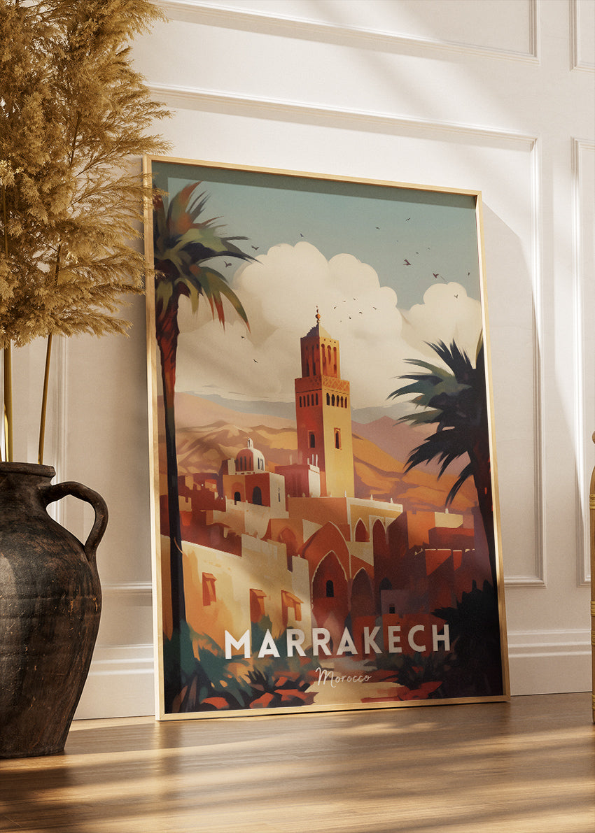 Marrakech Morocco Poster & Canvas Print – Illustrated Desert Medina Skyline Art