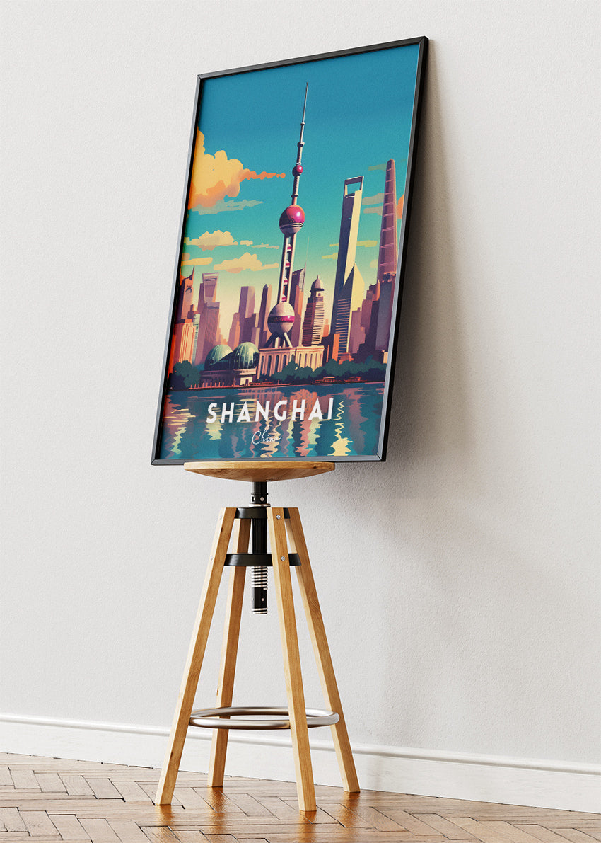 Shanghai China Travel Poster & Canvas Print – Skyline Illustration Wall Art