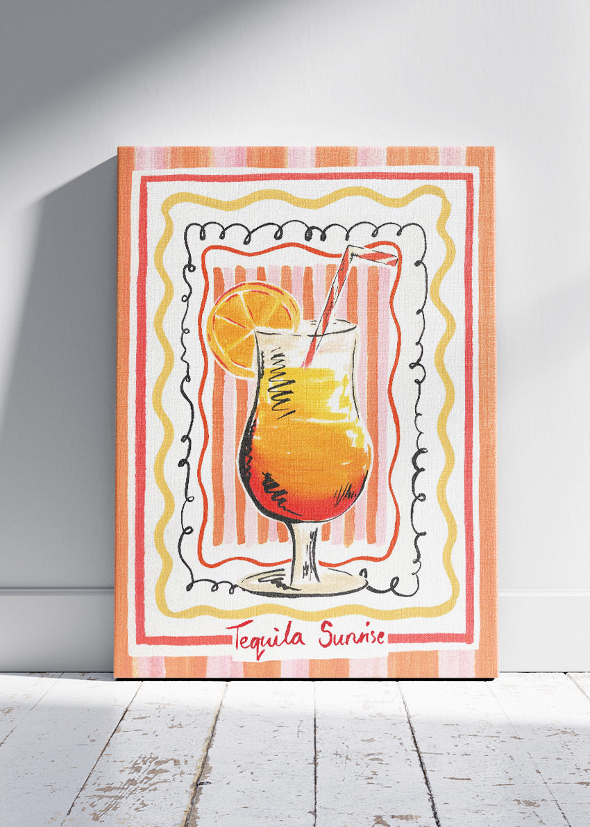 Tequila Sunrise Retro Illustration Poster & Canvas Print | Hand-Drawn Cocktail Wall Art