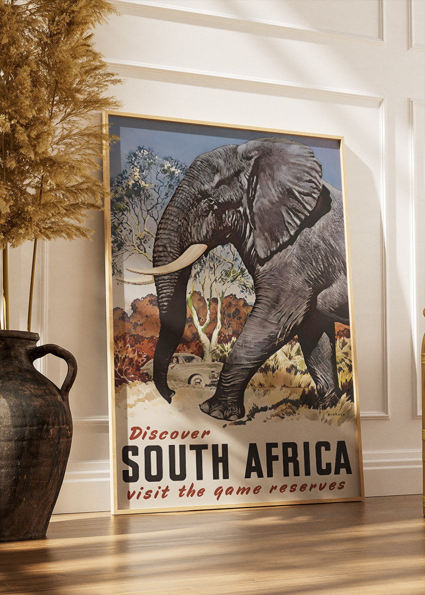 South Africa Elephant Safari Poster & Canvas Print – Vintage Wildlife Travel Art