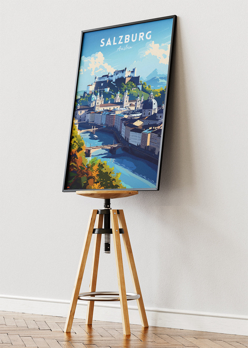 Salzburg Austria Travel Poster & Canvas Wall Art – Old Town & Fortress Hohensalzburg Illustration