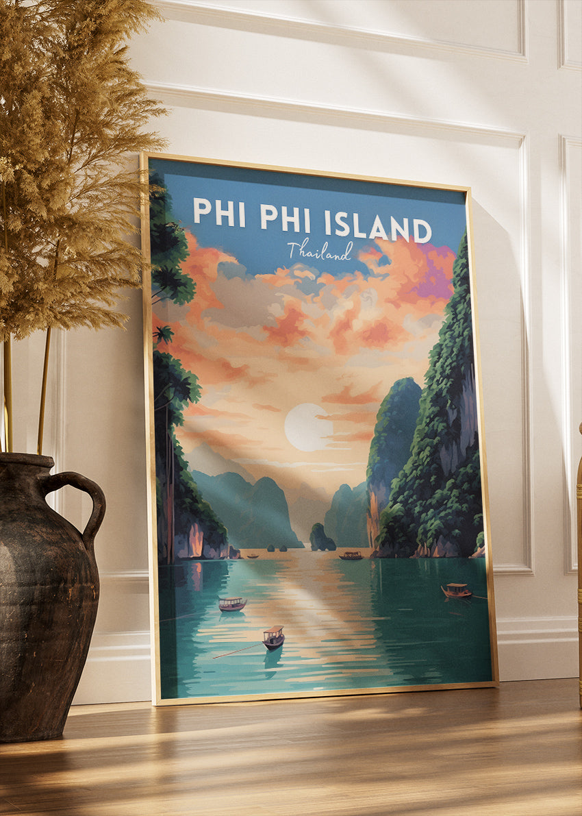 Phi Phi Island Thailand Poster & Canvas Print – Vintage Tropical Sunset Travel Art