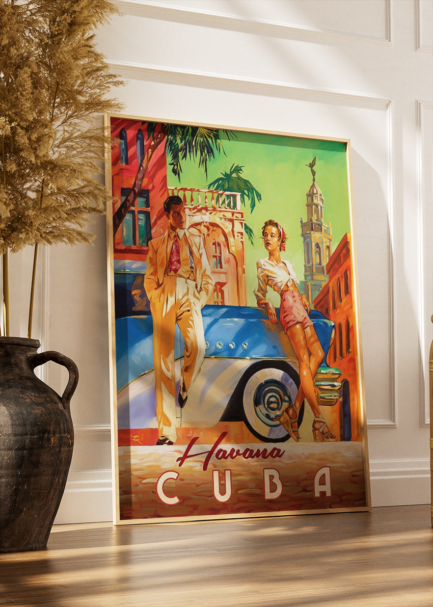 Havana Cuba Vintage Poster & Canvas Print – Retro Classic Car & Stylish Couple Illustration