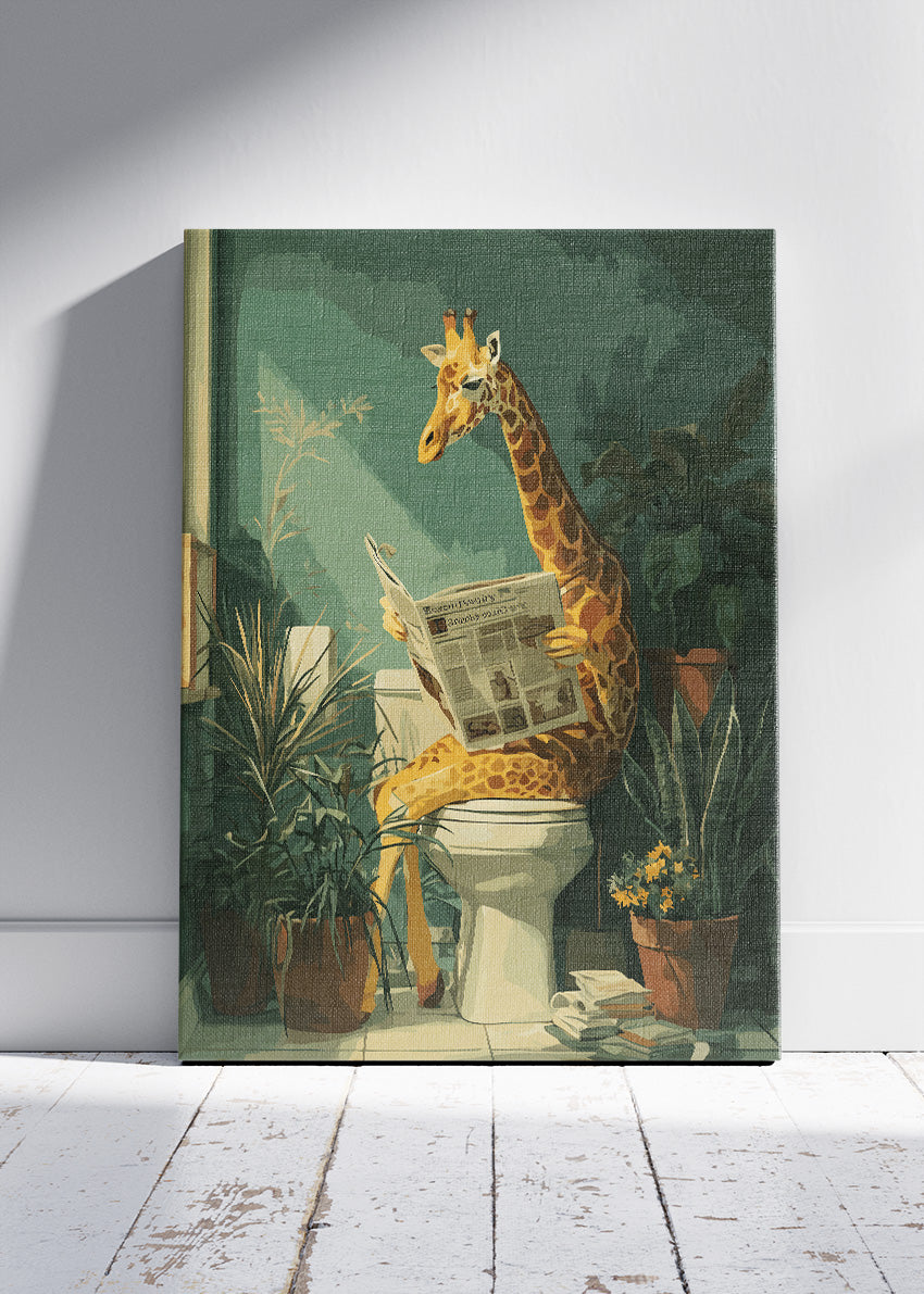 Funny Giraffe Poster & Canvas Print – Reading Newspaper Bathroom Art