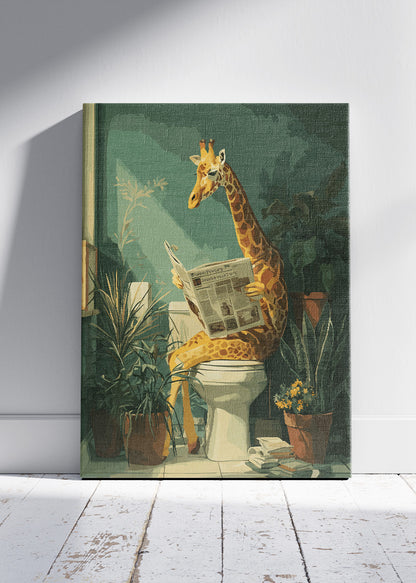 Funny Giraffe Poster & Canvas Print – Reading Newspaper Bathroom Art