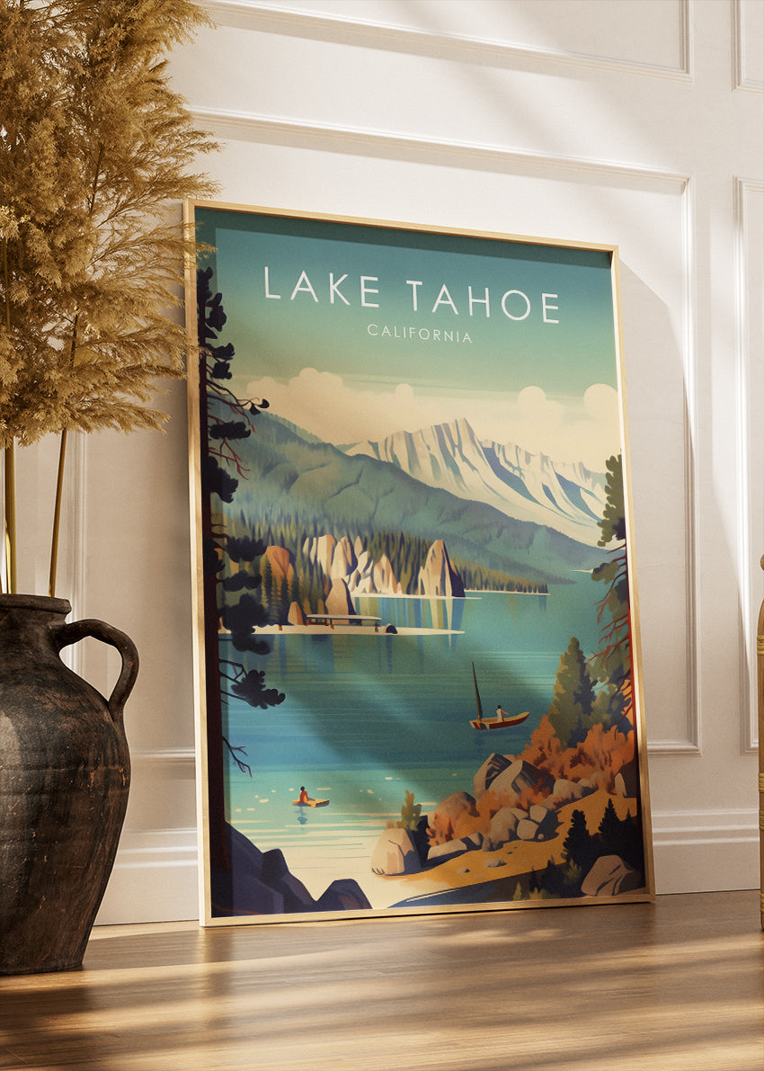 Lake Tahoe California Poster & Canvas Print – Scenic Mountain Lake Illustration
