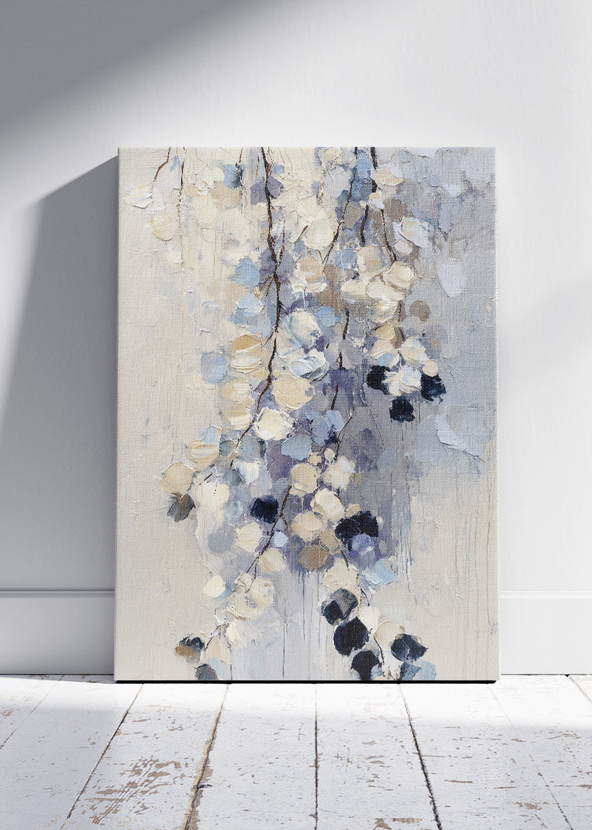 Soft Neutral Abstract Floral Wall Art – Textured Blue & Beige Canvas Print | Modern Botanical Portrait Poster
