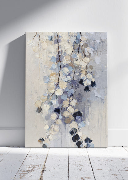Soft Neutral Abstract Floral Wall Art – Textured Blue & Beige Canvas Print | Modern Botanical Portrait Poster