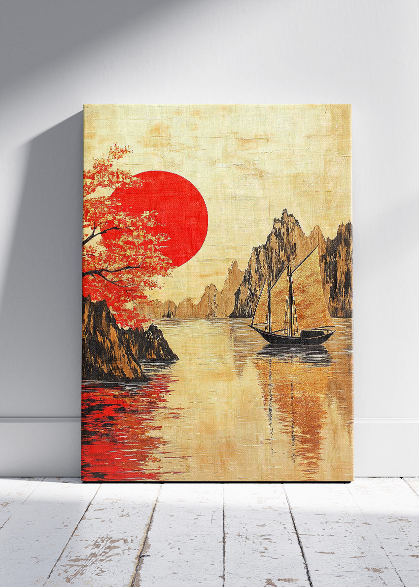 Golden River Sunset with Red Sun – Oriental Inspired Sailboat Wall Art – AI PRINT LAB