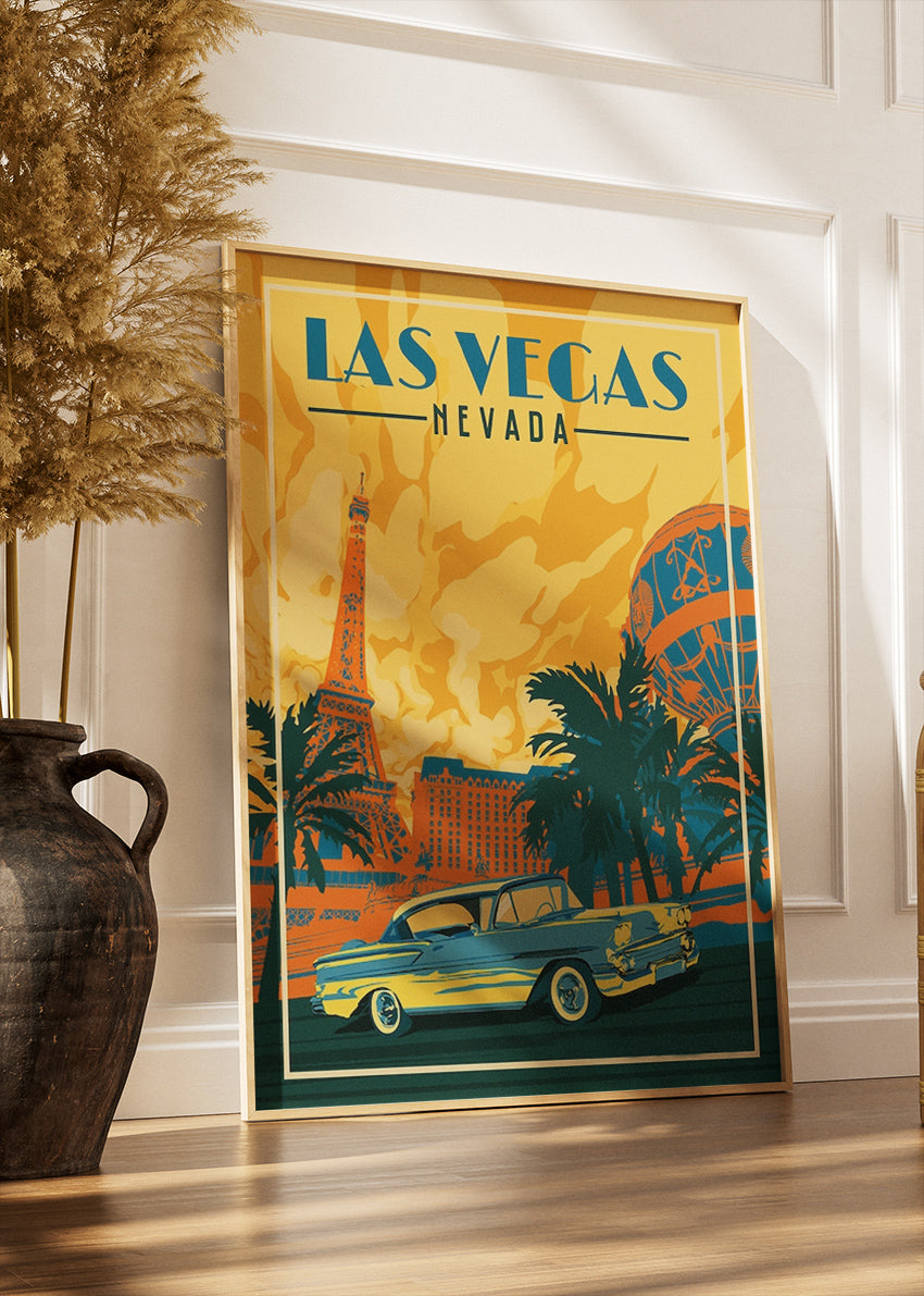 Las Vegas Nevada Poster & Canvas Print – Retro Strip & Classic Car Illustration