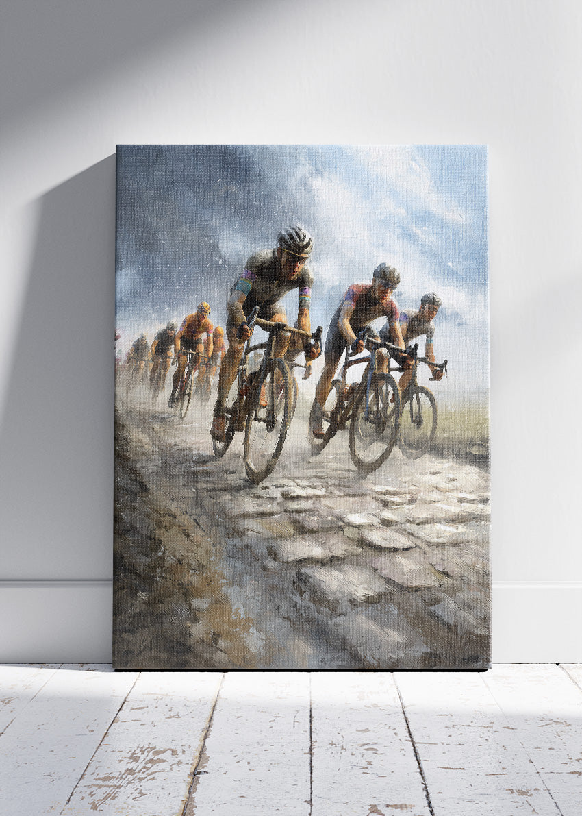 Cobbled Classics Cycling Art Print & Canvas – Peloton in the Storm
