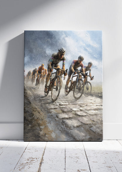 Cobbled Classics Cycling Art Print & Canvas – Peloton in the Storm