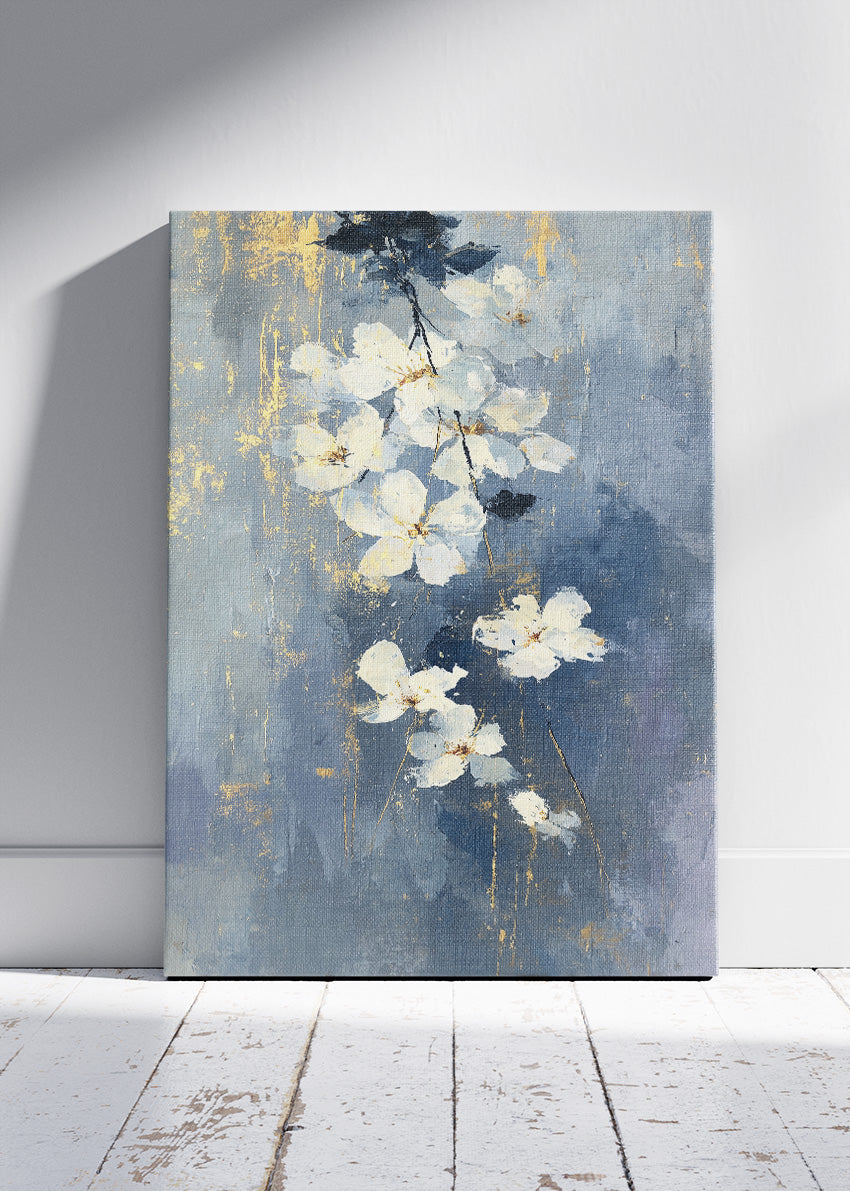 Blue & Gold Floral Wall Art – Elegant White Blossom Canvas Print | Textured Botanical Portrait Poster
