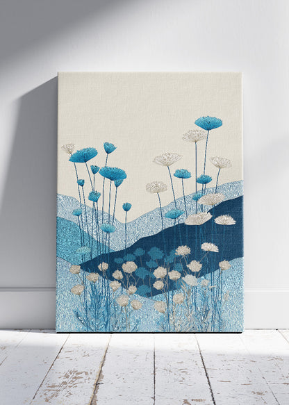 Blue Meadow Botanical Wall Art – Minimalist Floral Landscape Canvas Print | Modern Nature Portrait Poster