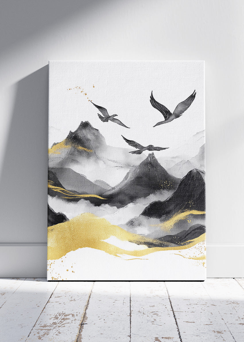 Minimal Black & Gold Mountain Landscape – Elegant Crane Wall Art – AI PRINT LAB