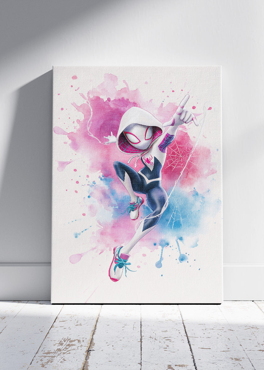 Spider-Gwen – Watercolor Splash Action Canvas & Poster Print – AI PRINT LAB