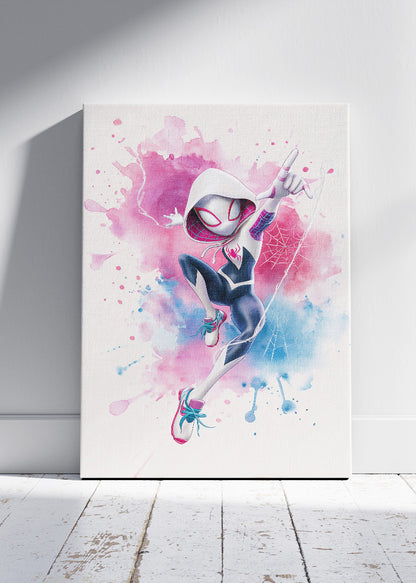 Spider-Gwen – Watercolor Splash Action Canvas & Poster Print – AI PRINT LAB