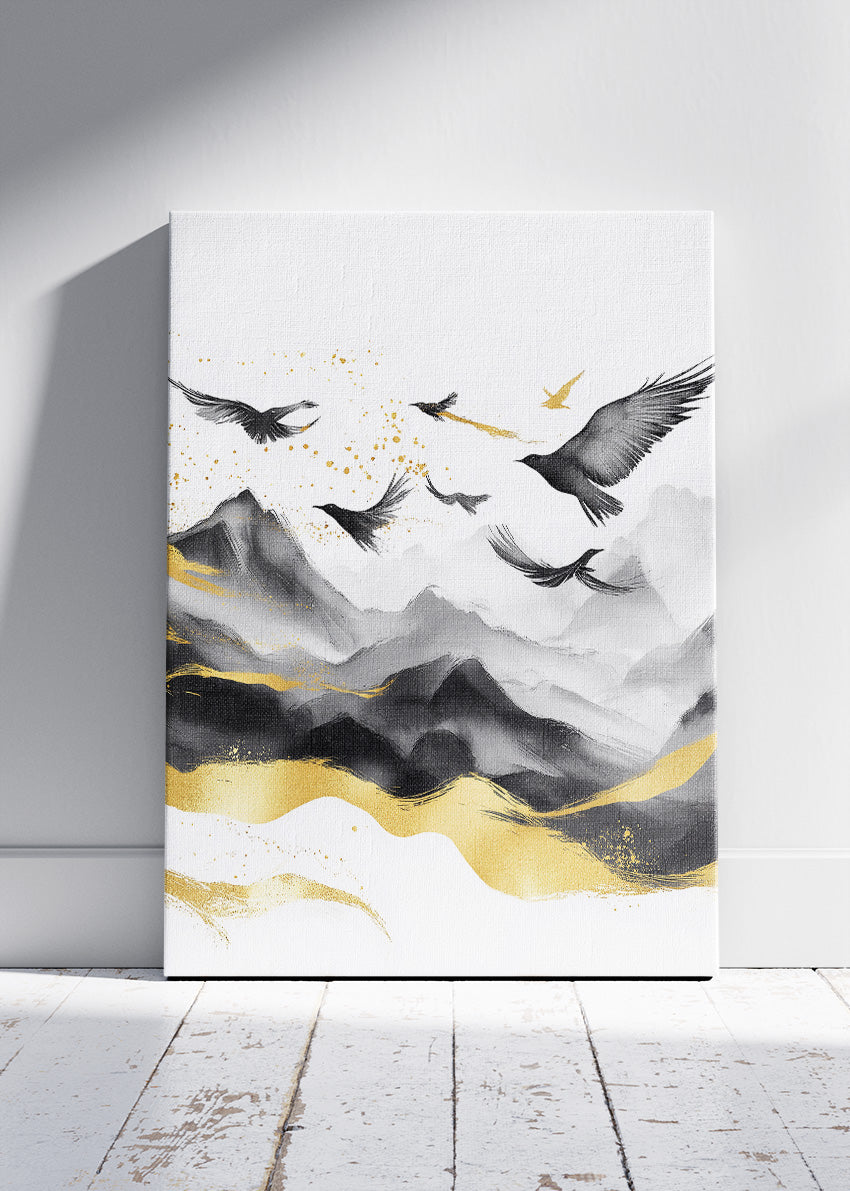 Black & Gold Flying Birds Over Mountains – Minimalist Luxury Wall Art – AI PRINT LAB