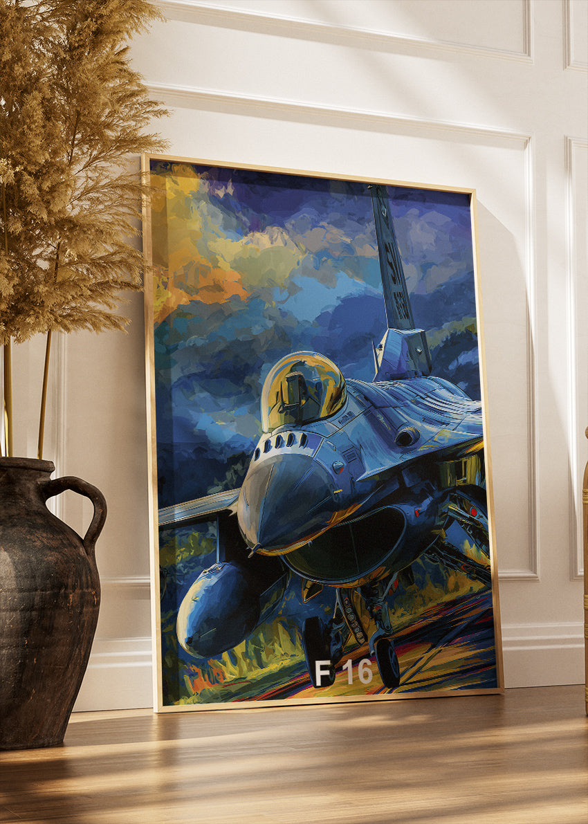 F-16 Fighting Falcon Poster & Canvas Print – Blue Tactical Jet Illustration – AiPrintLab