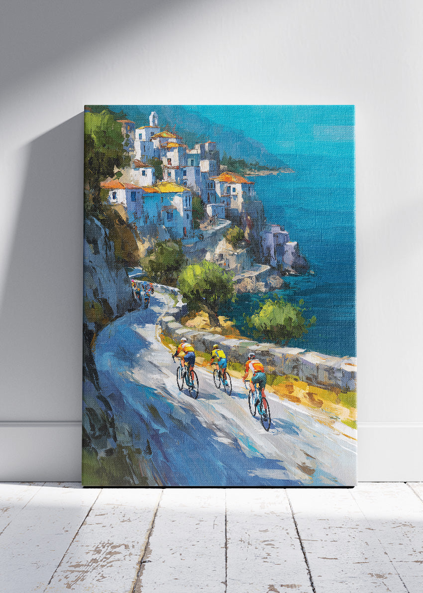 Cliffside Coastal Cycling Art Print & Canvas – Riders Above the Mediterranean