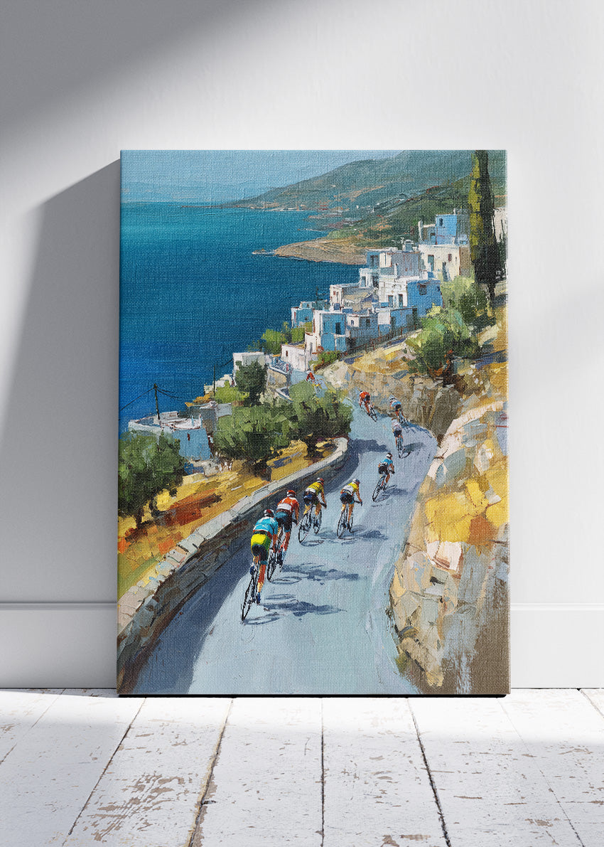 Mediterranean Descent Cycling Art Print & Canvas – Riders Along the Coastal Road
