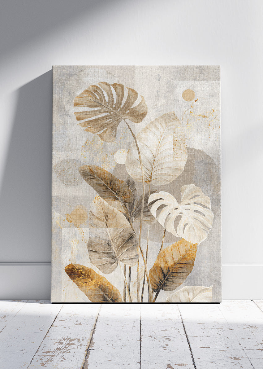 Neutral Tropical Leaf Wall Art – Beige & Gold Monstera Canvas Print | Modern Botanical Portrait Poster