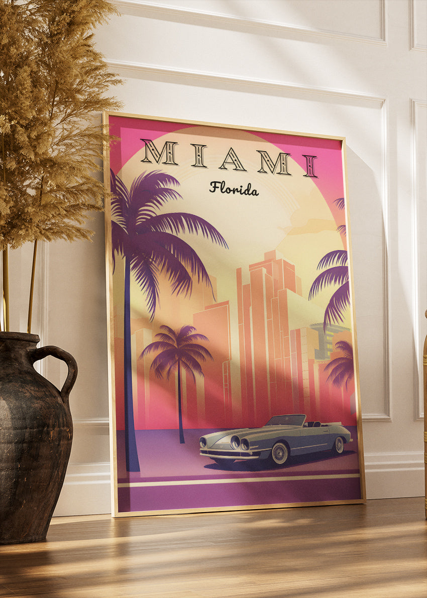 Miami Florida Poster & Canvas Print – Retro Sunset Skyline & Convertible Illustration