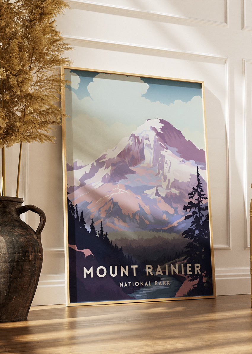 Mount Rainier National Park Poster & Canvas Print – Illustrated Mountain Landscape Wall Art