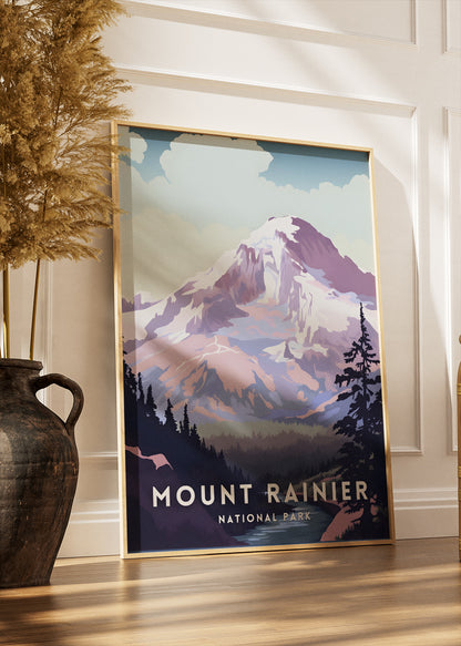 Mount Rainier National Park Poster & Canvas Print – Illustrated Mountain Landscape Wall Art