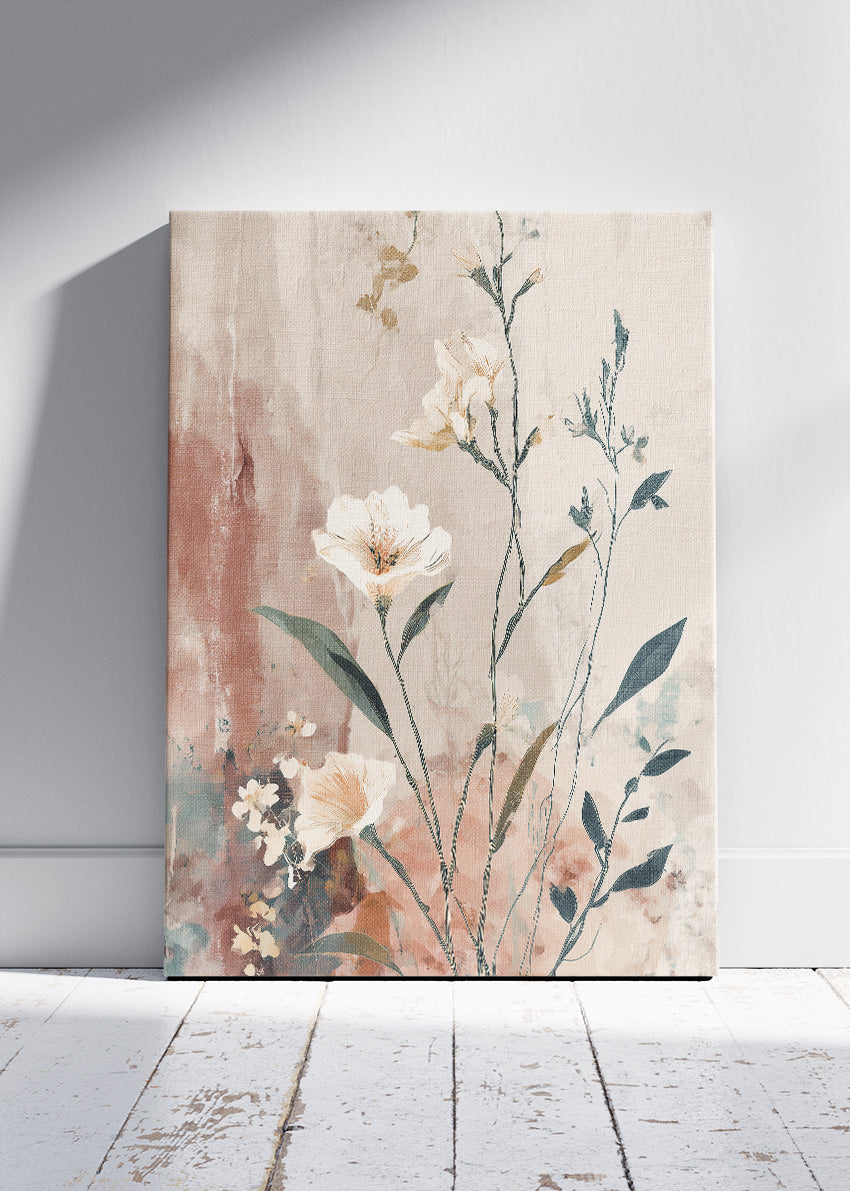 Soft Blush Floral Wall Art – Elegant Neutral Botanical Canvas Print | Modern Romantic Portrait Poster