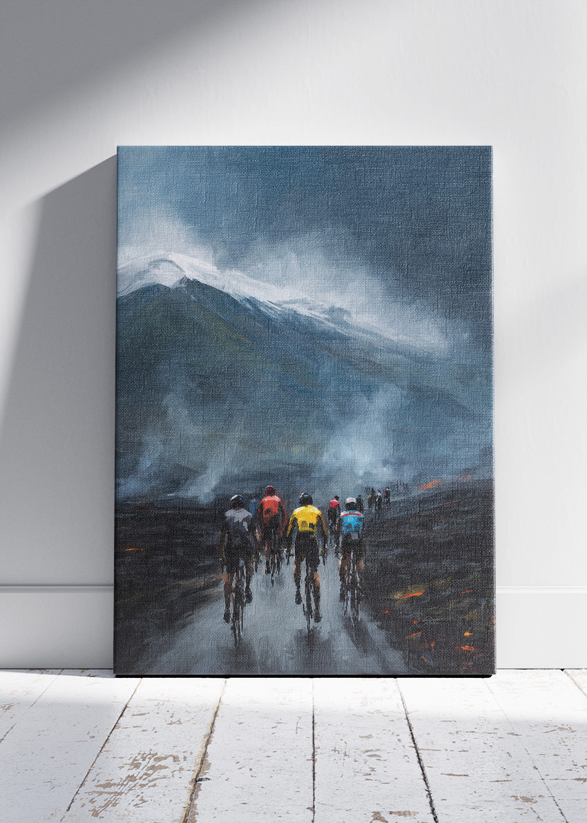 Volcanic Ascent Cycling Art Print & Canvas – Riders Through Ash and Storm