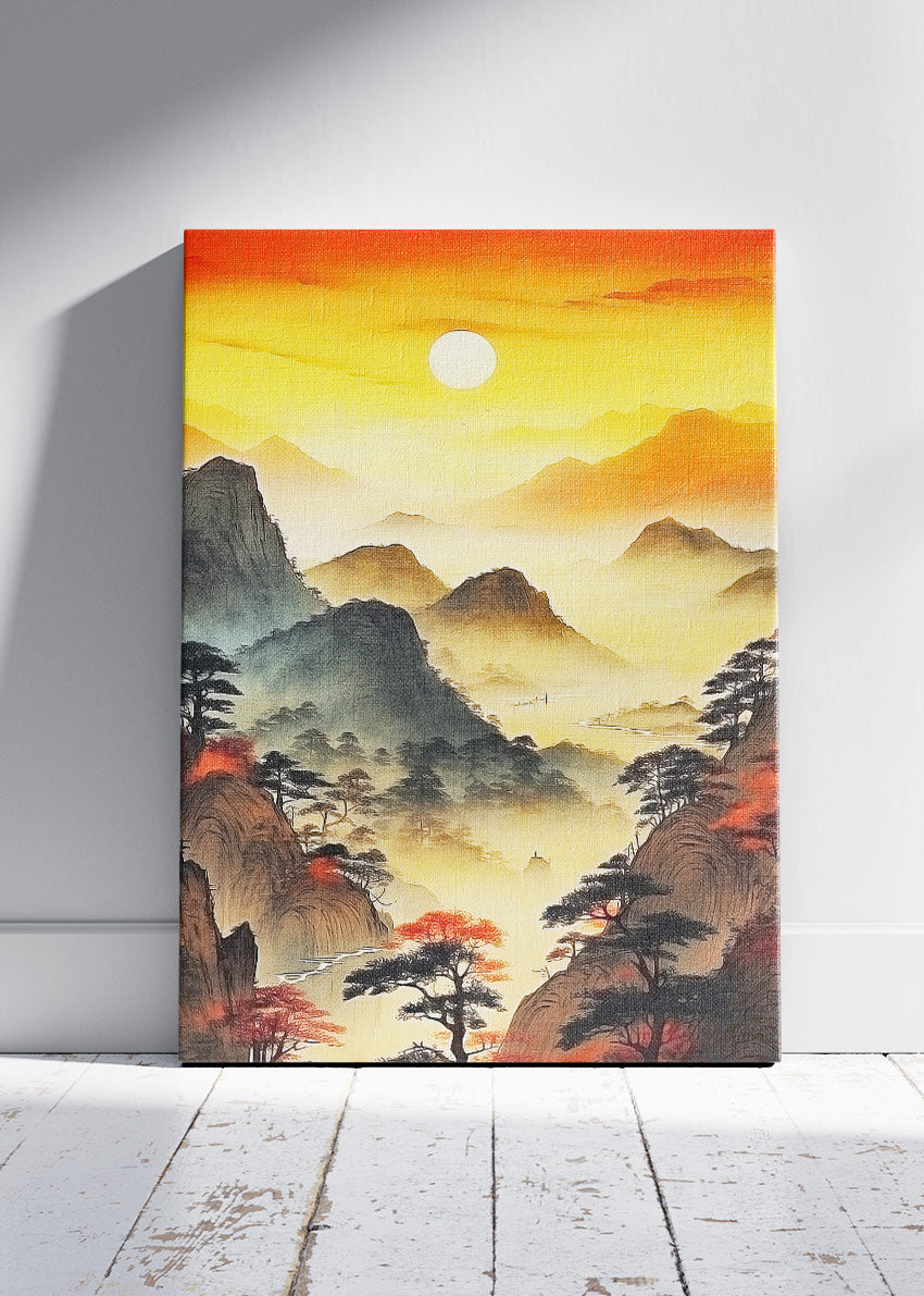 Golden Misty Mountain Sunrise – Asian Inspired Landscape Wall Art – AI PRINT LAB