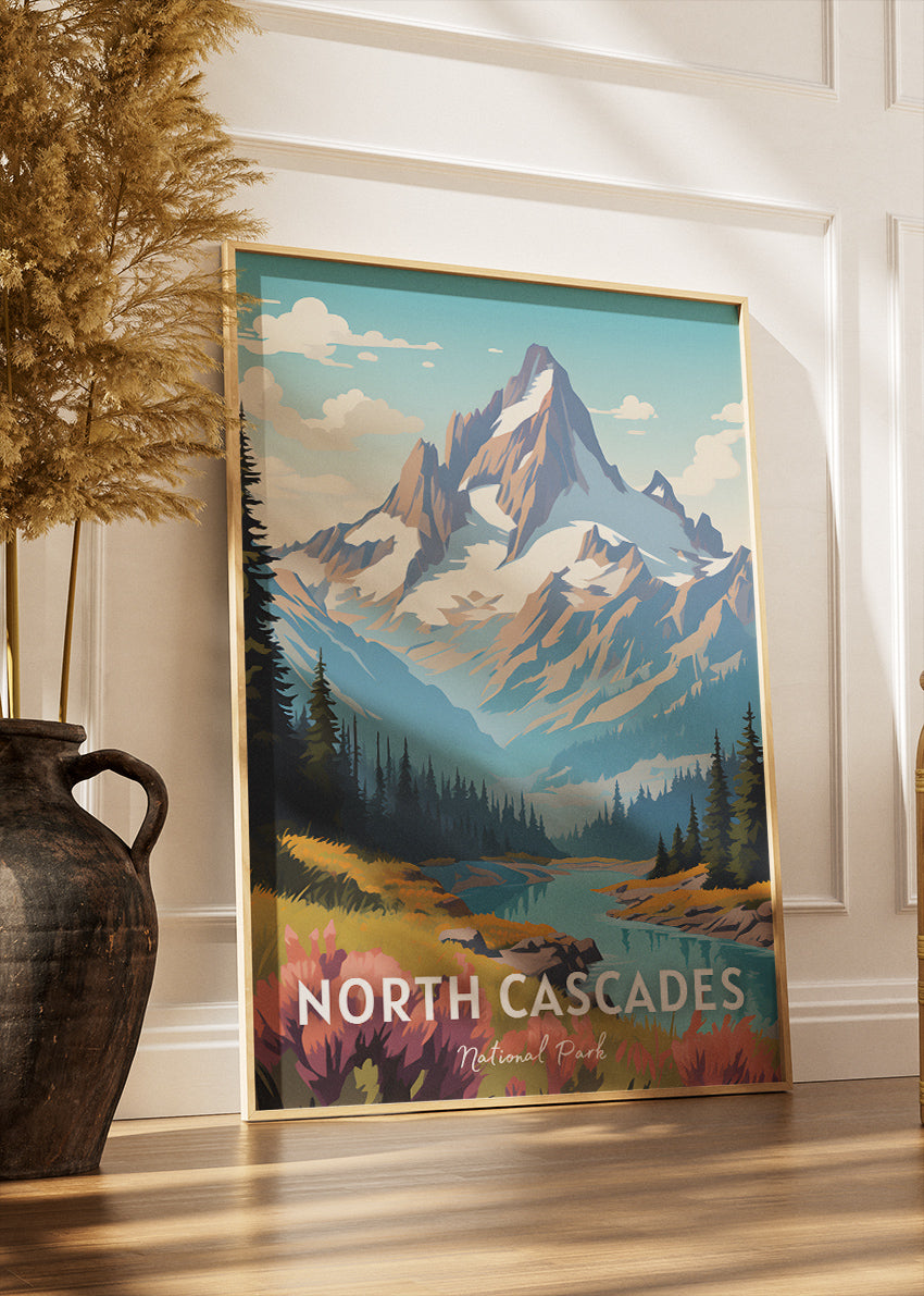 North Cascades National Park Poster & Canvas Print – Illustrated Mountain Landscape Wall Art
