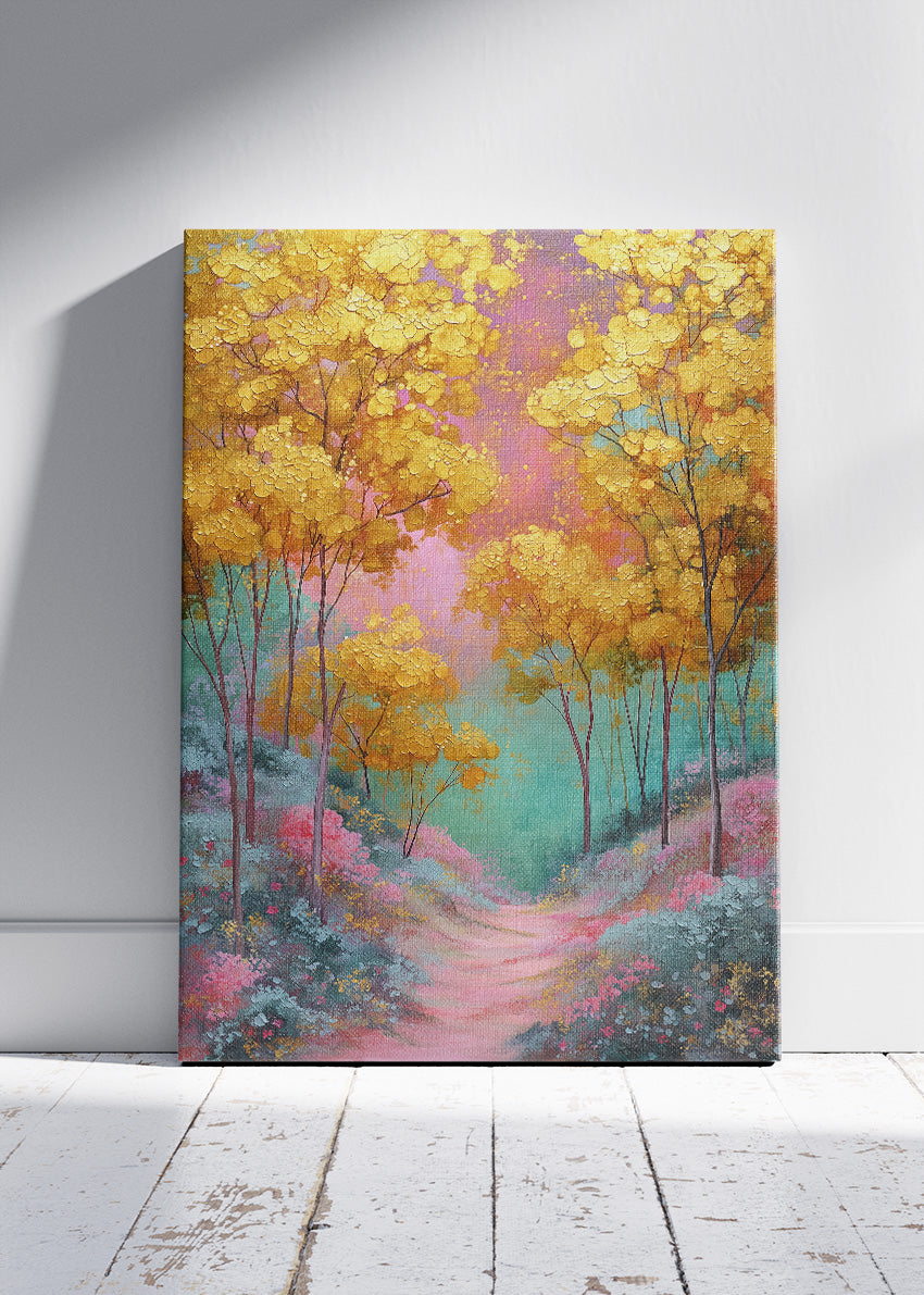 Golden Autumn Path Wall Art – Vibrant Yellow Trees Canvas Print | Dreamy Forest Landscape Portrait Poster