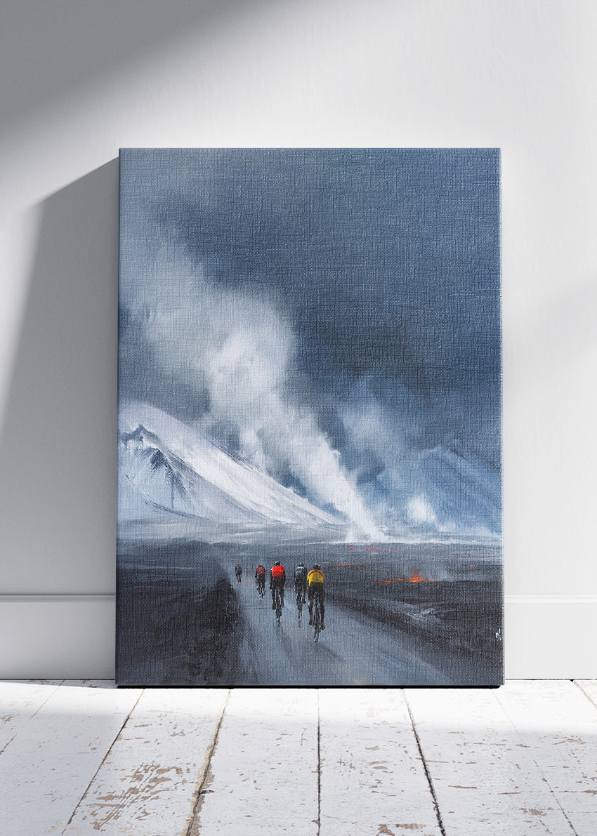 Frozen Frontier Cycling Art Print & Canvas – Riders Into the Storm