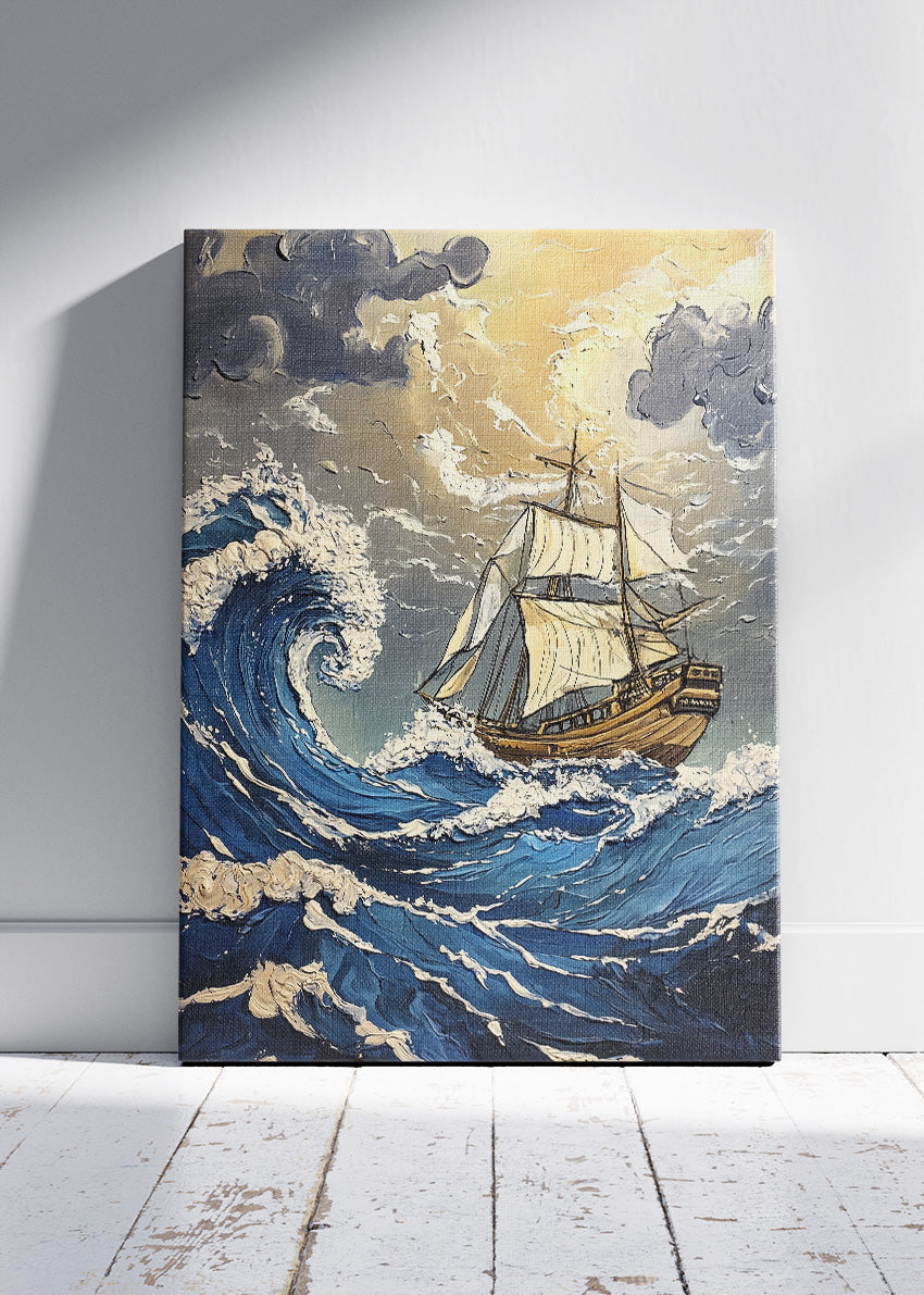 Stormy Ocean Sailing Ship – Dramatic Nautical Wave Wall Art – AI PRINT LAB