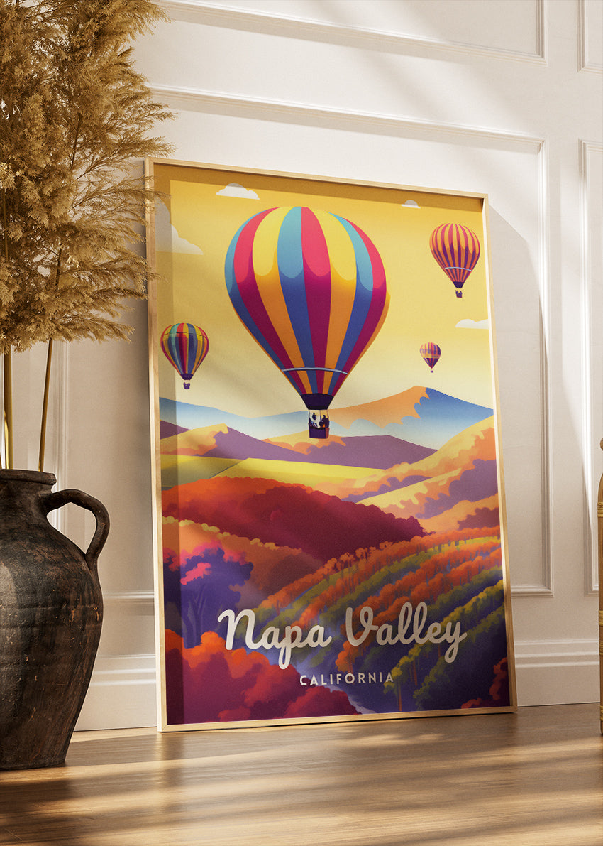 Napa Valley California Poster & Canvas Print – Hot Air Balloons & Vineyard Hills Illustration
