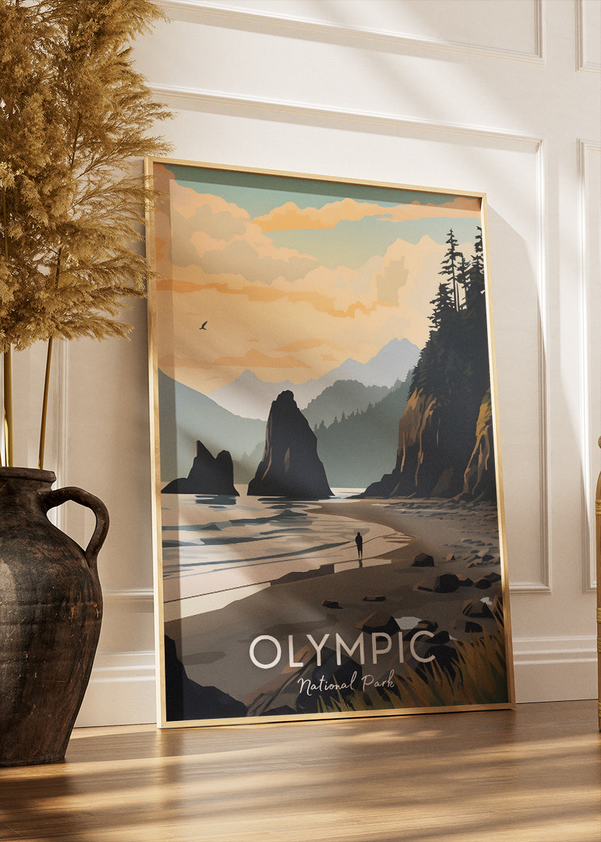 Olympic National Park Poster & Canvas Print – Illustrated Coastal Sunset Wall Art