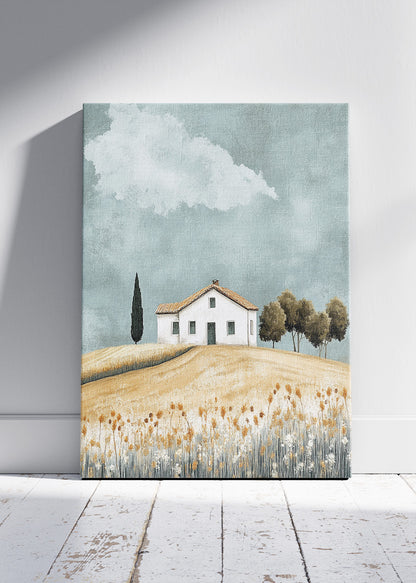 Minimalist Countryside House on Rolling Hills – Rustic Landscape Wall Art – AI PRINT LAB