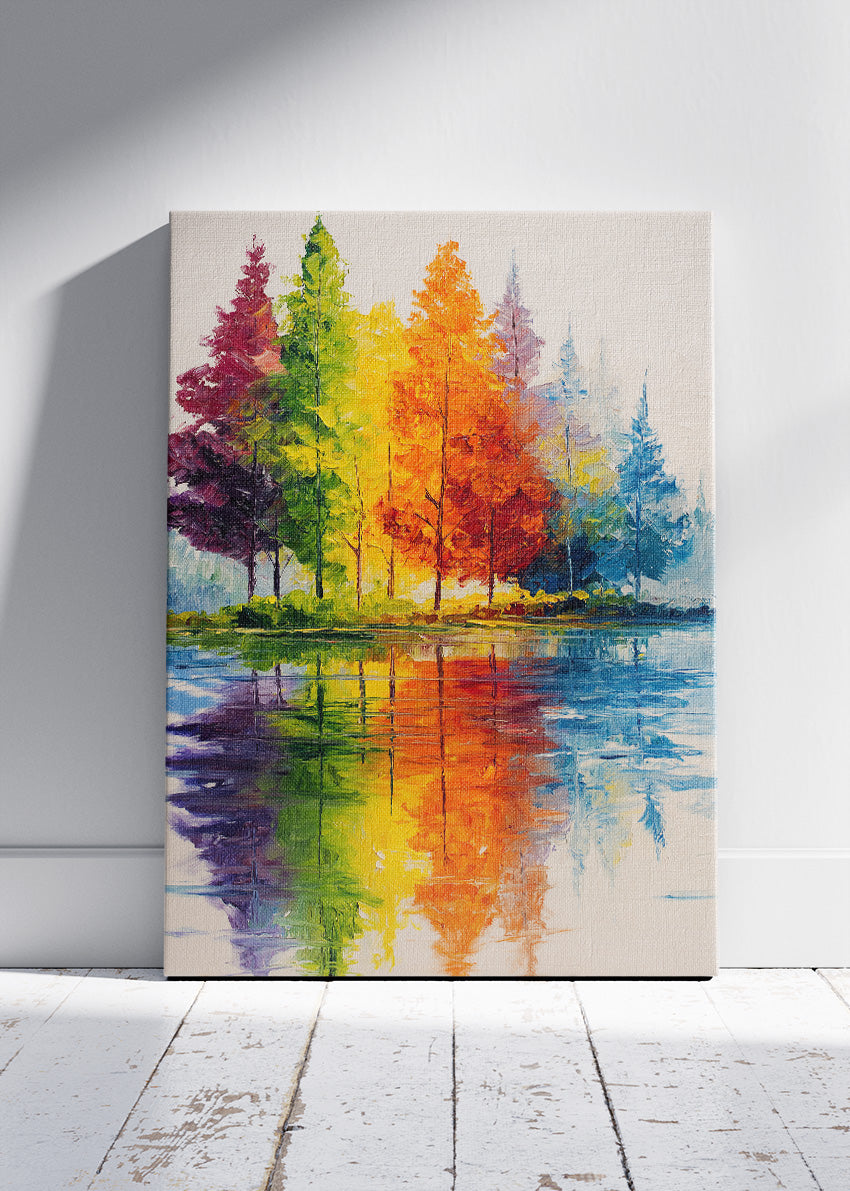 Colorful Autumn Reflection Wall Art – Vibrant Rainbow Trees Canvas Print | Modern Lake Landscape Portrait Poster