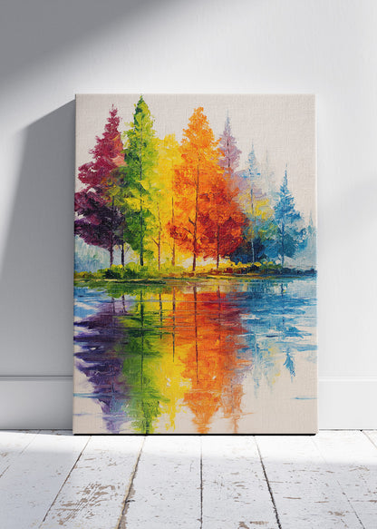 Colorful Autumn Reflection Wall Art – Vibrant Rainbow Trees Canvas Print | Modern Lake Landscape Portrait Poster