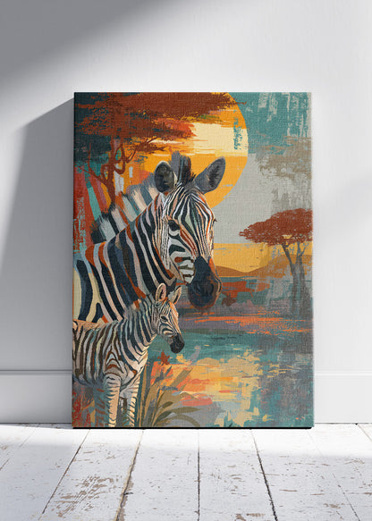 Zebra Family Poster & Canvas Print – African Safari Sunset Art
