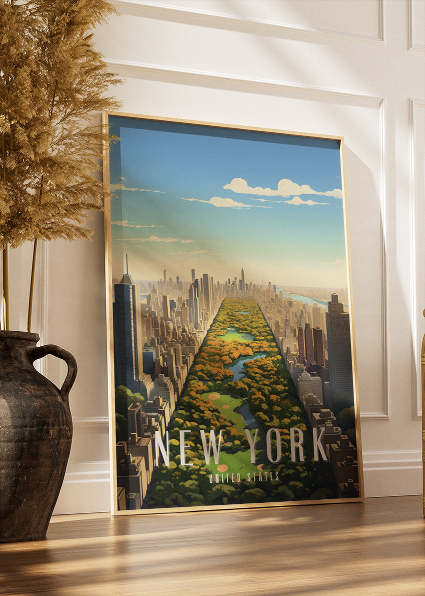 New York United States Poster & Canvas Print – Central Park Aerial Skyline Illustration