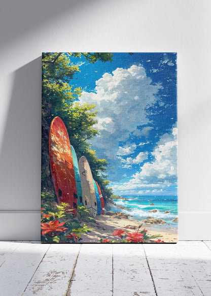 Tropical Surfboards by the Ocean – Coastal Beach Wall Art – AI PRINT LAB
